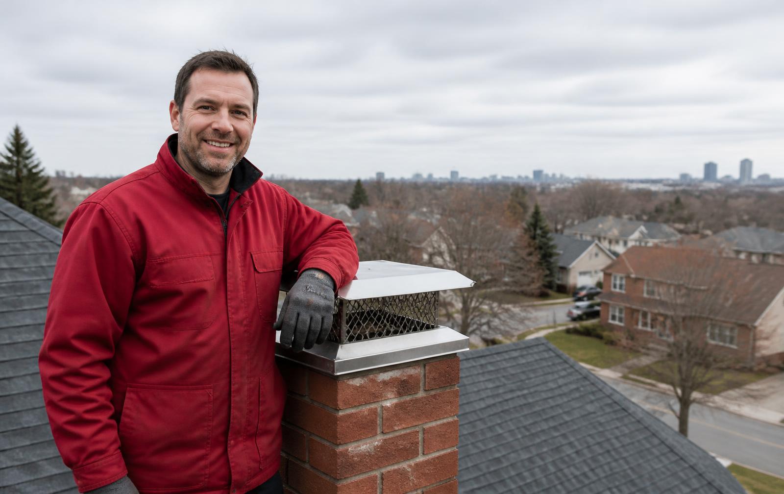 WETT-certified Fireplaces Chimney Mississauga technician beside a brick chimney with a new stainless cap on a Mississauga rooftop